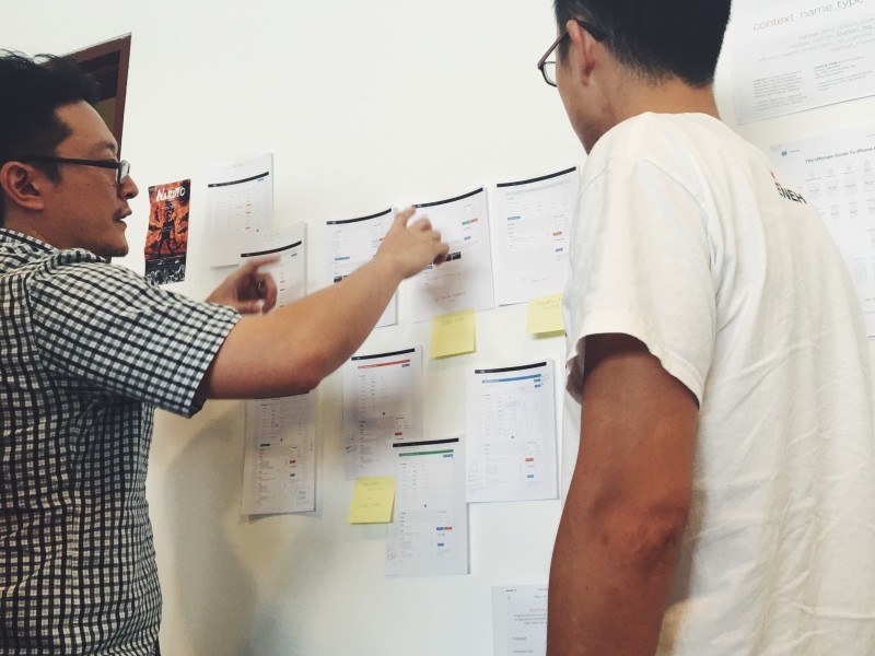 Discussing the paper prototype with the team